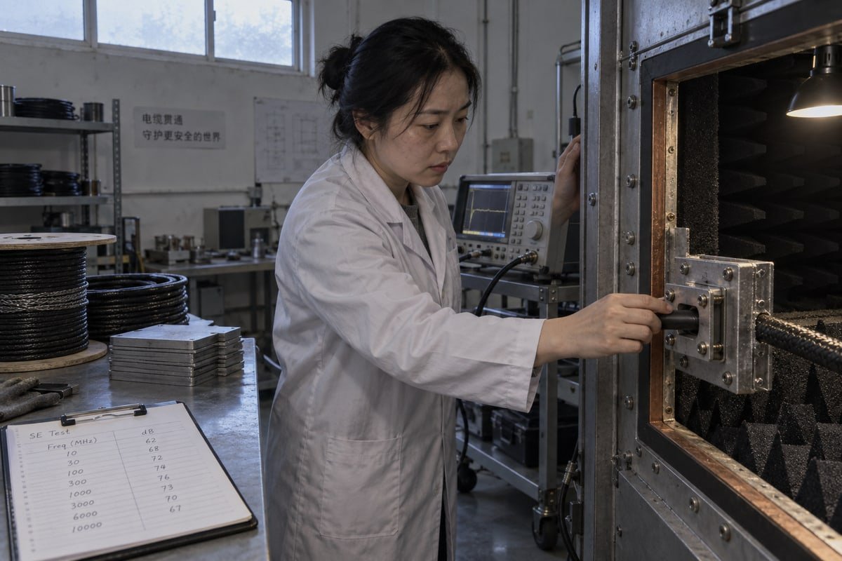 Shielding Continuity Verification Four-point verification method for EMI shielding continuity across frame and cable interfaces (ID#5)