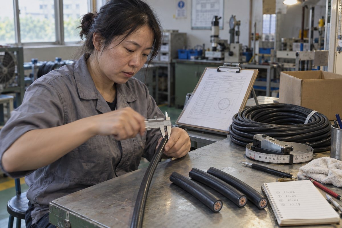Measuring Cable Diameter Technician using digital caliper to measure cable outer diameter accurately for MCT module (ID#2)