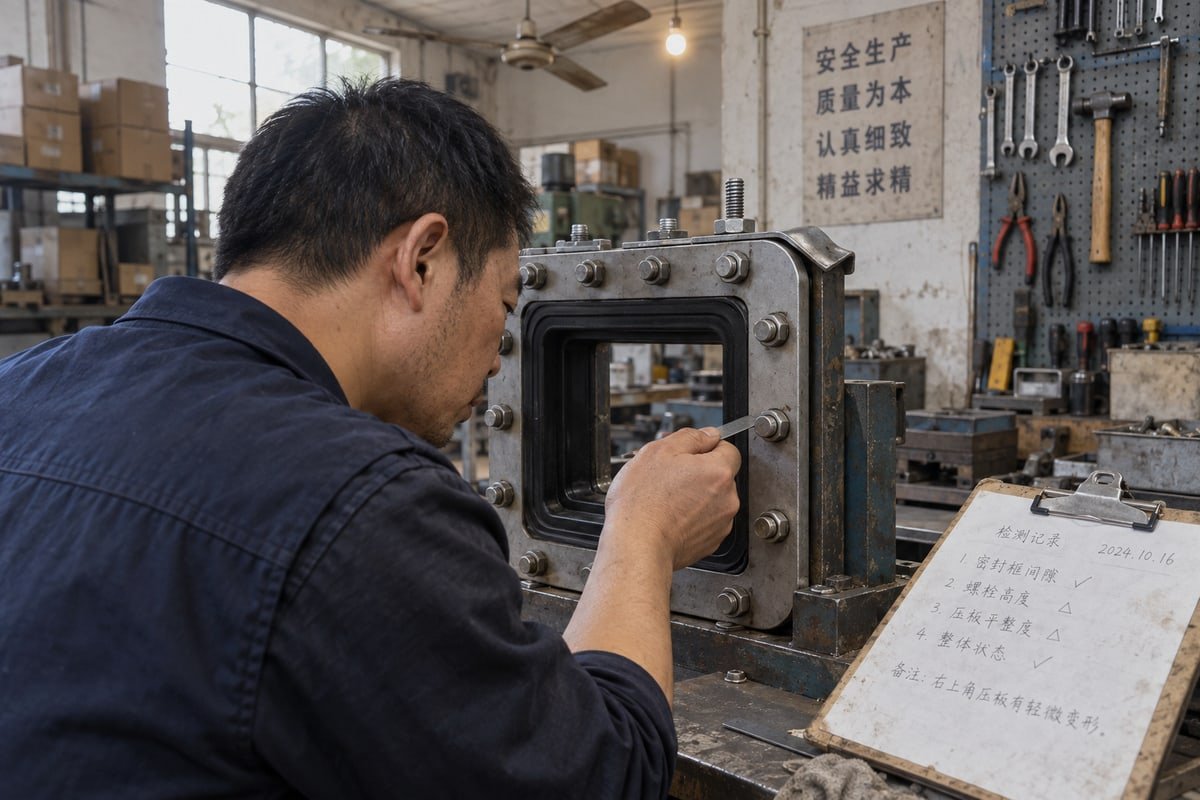Inspector checking MCT frame for cracked rubber gaps and corrosion warning signs (ID#2)