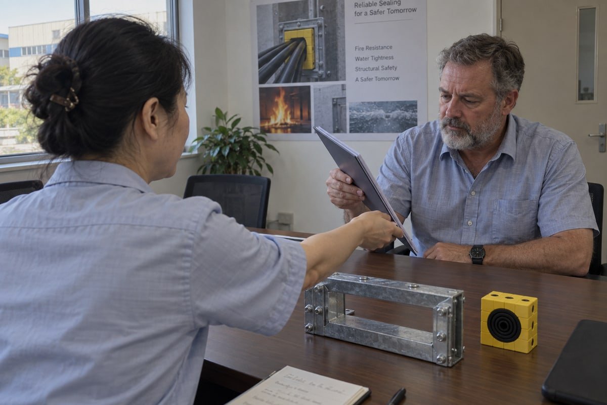 Certification documents including fire rating, IP68, and ISO 9001 compliance reports (ID#3)