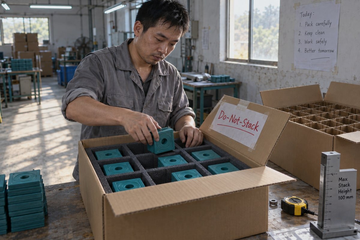 Rigid cartons with foam dividers protecting EPDM sealing modules from deformation and heat (ID#3)