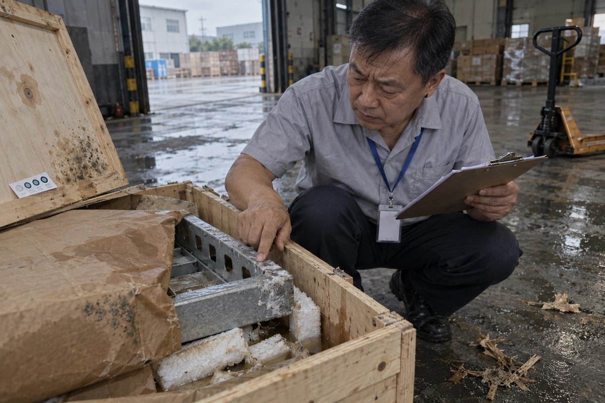 Wooden crates and foam-lined cartons protecting cable transit frames from crushing during freight (ID#4)