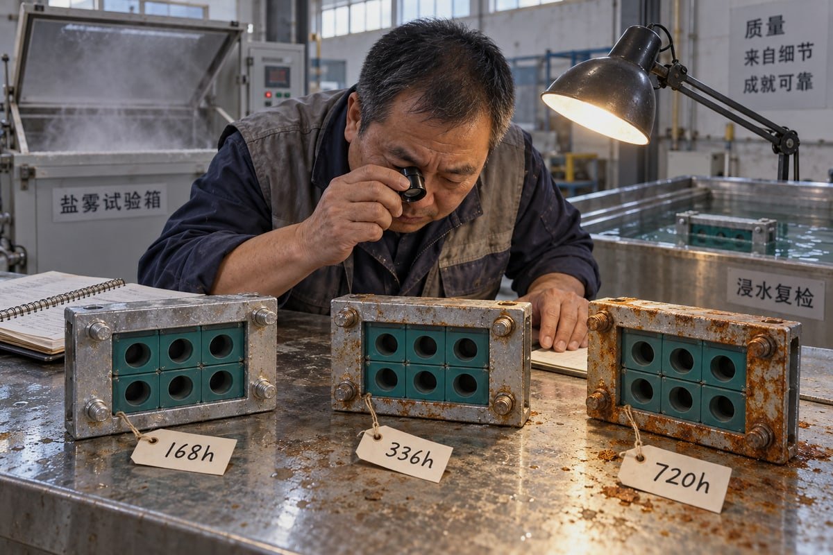 Recommended salt spray testing duration from 168 to 1000 hours for reliable corrosion resistance results (ID#3)