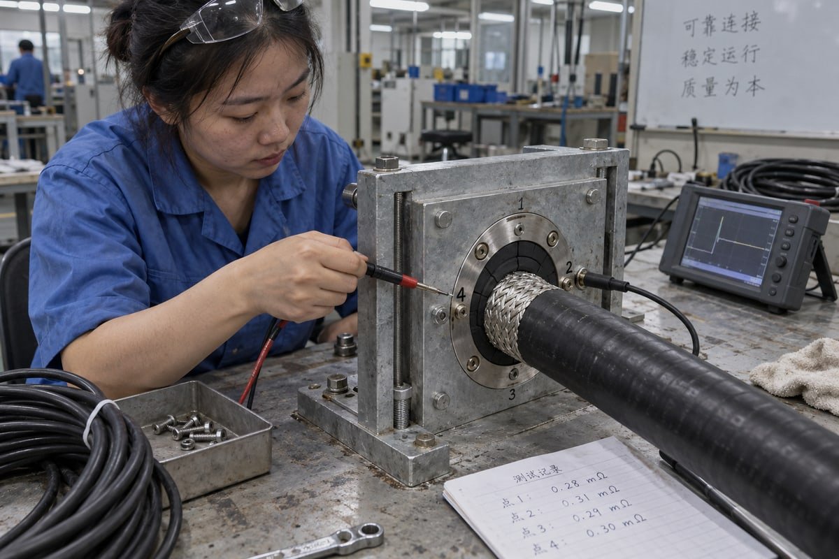 Testing 360-degree shield continuity through an MCT sealing module before installation (ID#3)