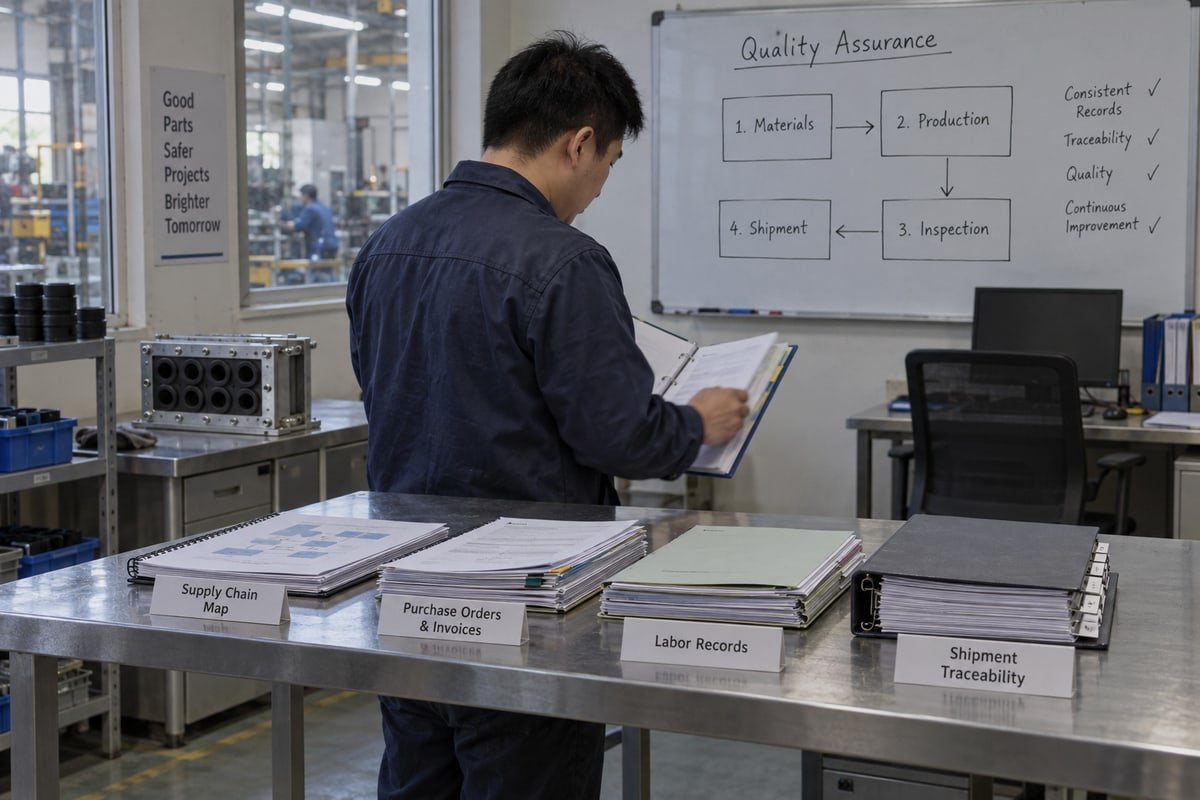 Forced Labor Compliance Documents Four document groups proving MCT parts are free from forced labor: supply chain map, transaction records, factory evidence, shipment traceability (ID#2)