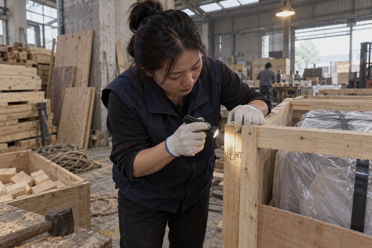 ISPM 15 Compliance Verification IPPC certification mark showing wheat symbol, ISO code, and HT stamp on wood crates (ID#2)